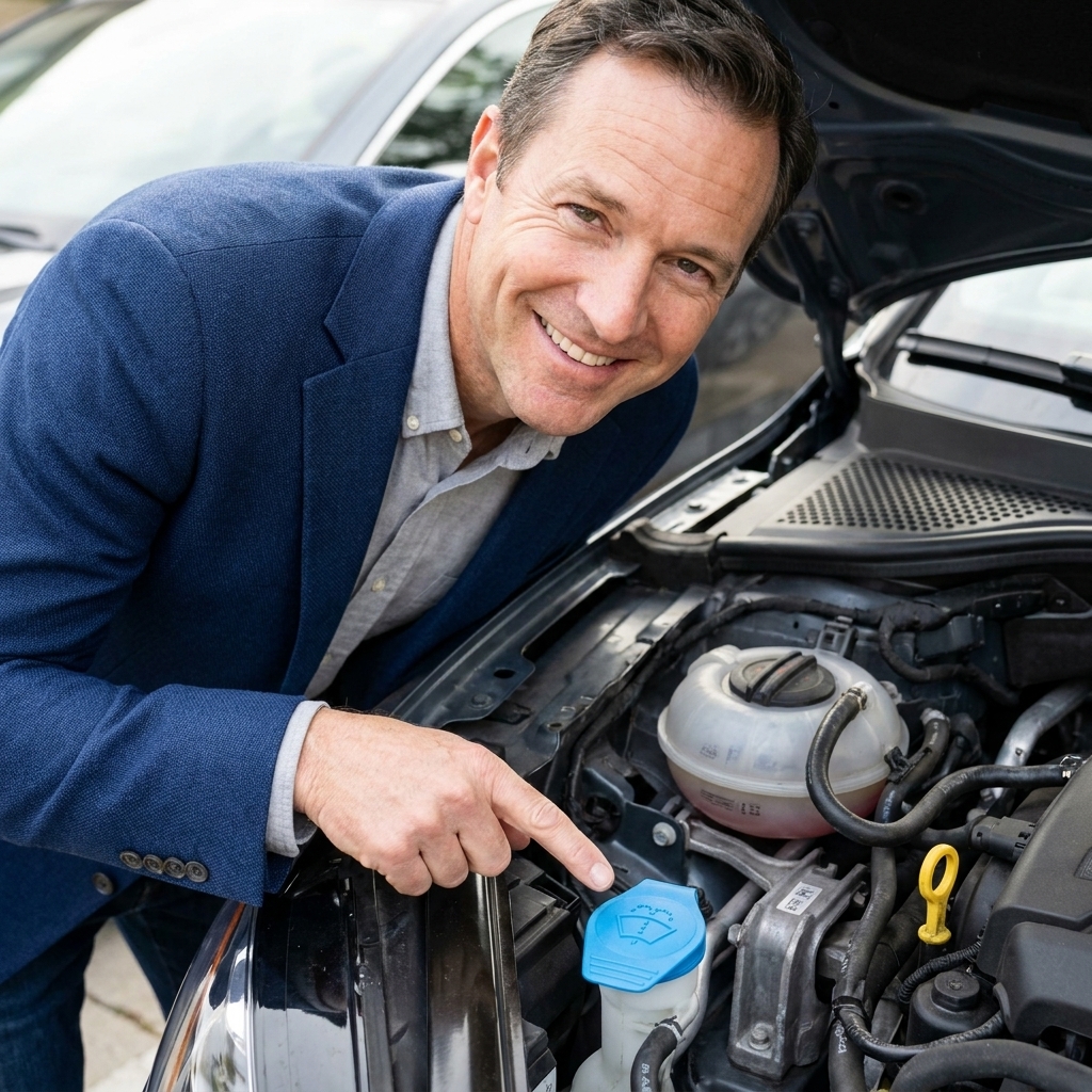A blue windshield washer fluid cap with the spray windshield symbol on it in an open engine bay
