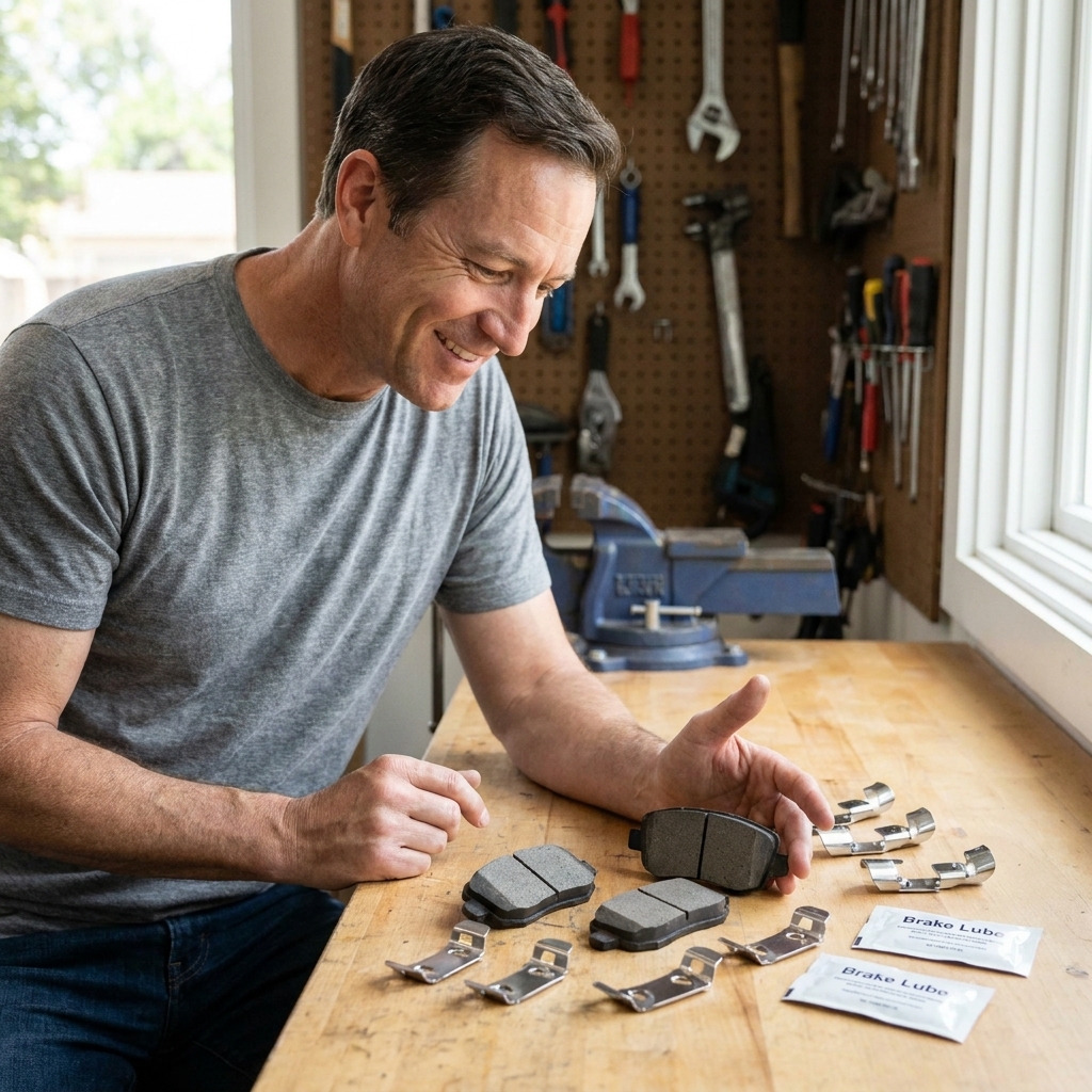 A brake pad hardware kit on a workbench with stainless abutment clips and small packets of brake grease laid out next to new pads
