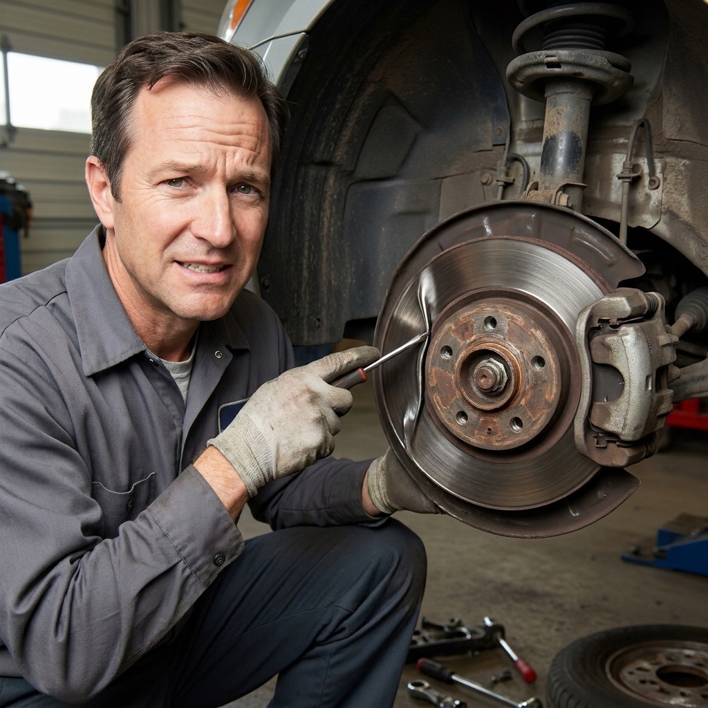 A brake rotor area where the thin metal dust shield is slightly bent toward the rotor, showing how it can cause a scraping noise
