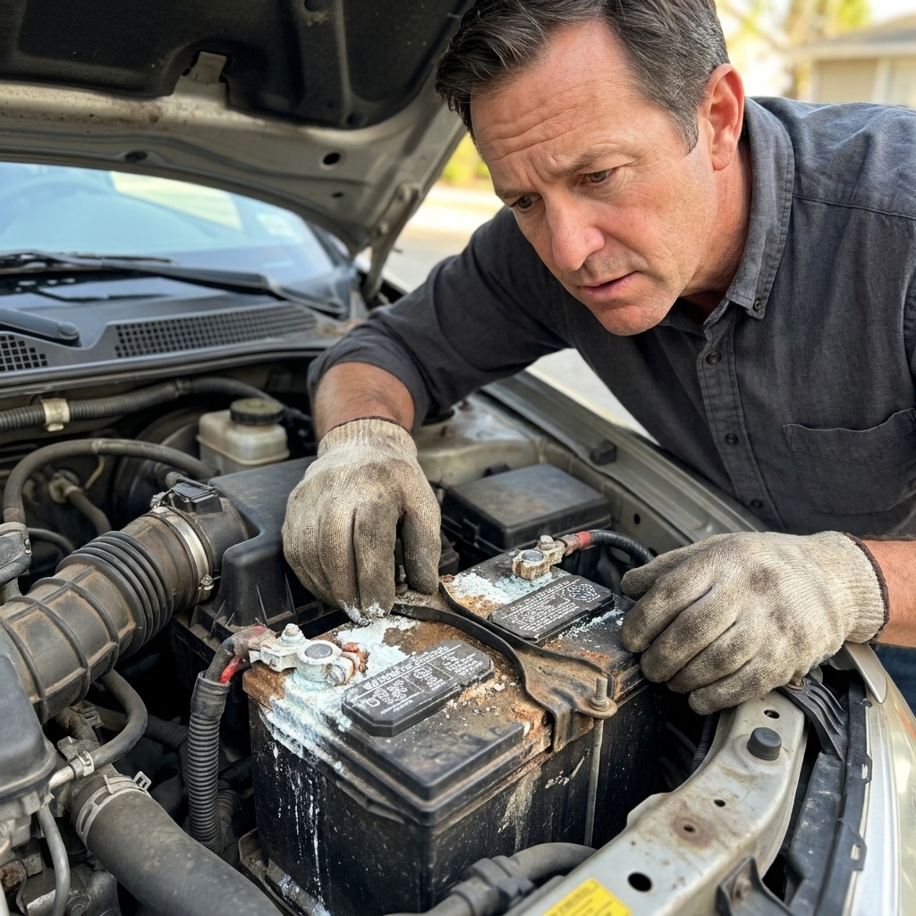A car battery with visible white corrosion buildup around the battery terminals inside an engine bay