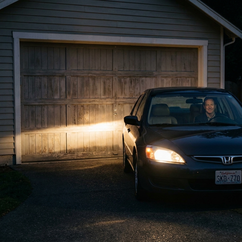 A car parked facing a closed garage door at night with low beams on, showing a visible headlight cutoff pattern on the door