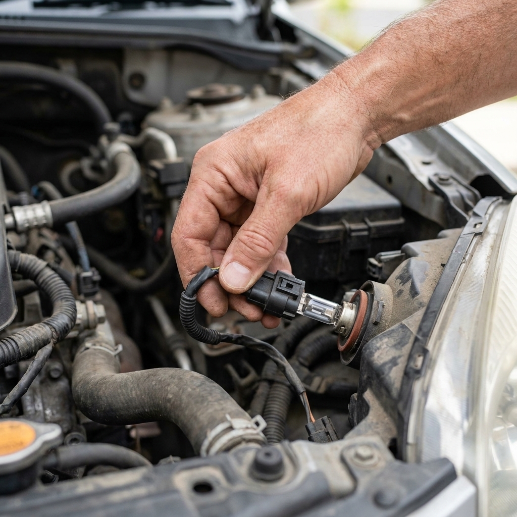 A close-up of a hand unplugging a halogen headlight bulb electrical connector from the back of a headlight housing inside an engine bay