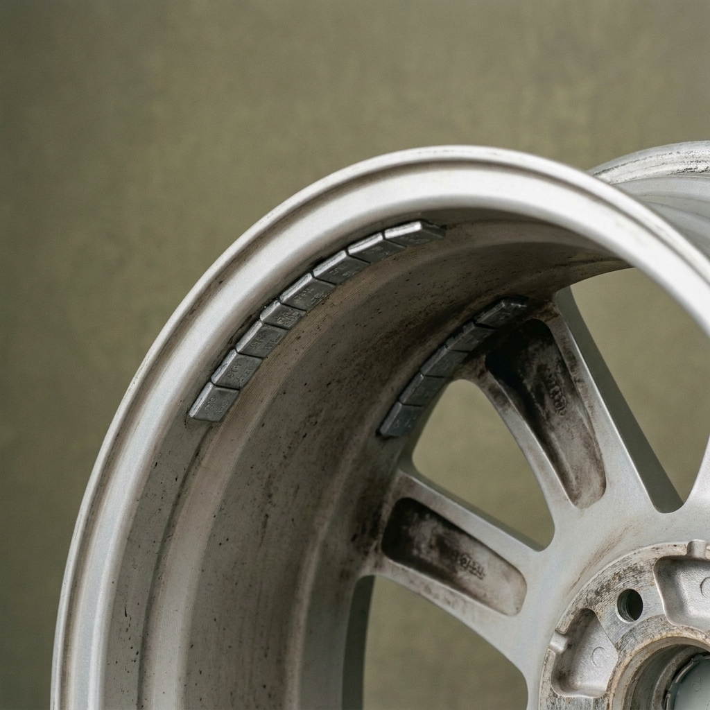 A close-up of an alloy wheel rim with adhesive wheel weights attached near the inner lip, showing how balancing weights are placed