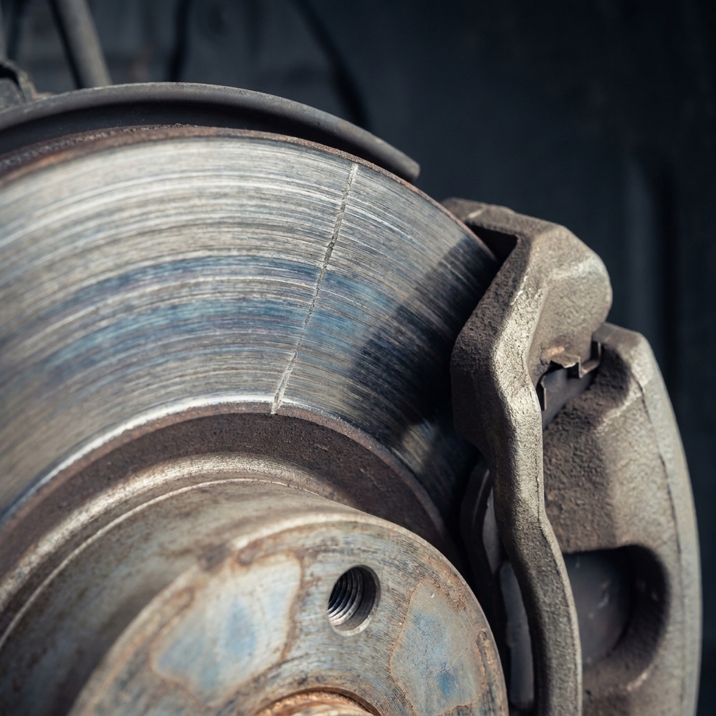 A close-up photo of a front brake rotor on a car with visible discoloration and wear marks, with the caliper nearby