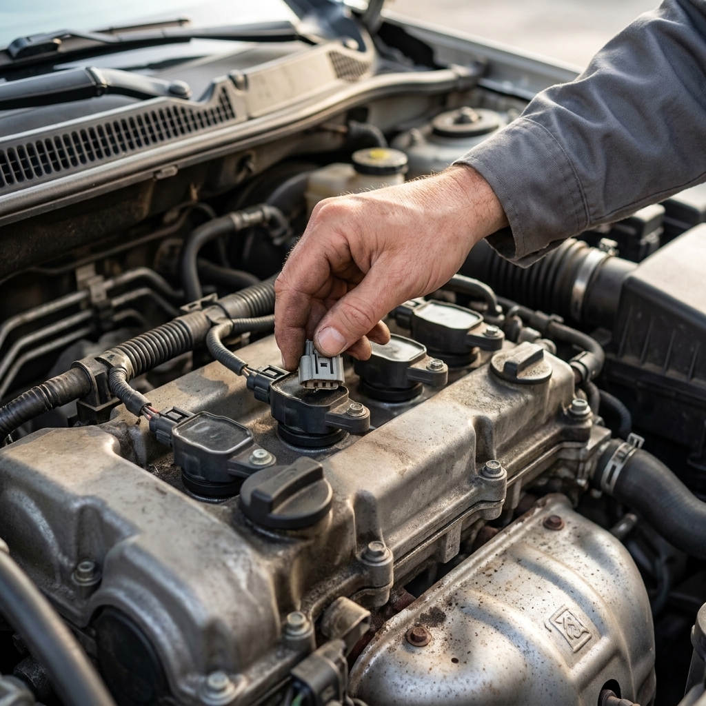 A close-up photo of a hand unplugging an ignition coil electrical connector on a four-cylinder engine