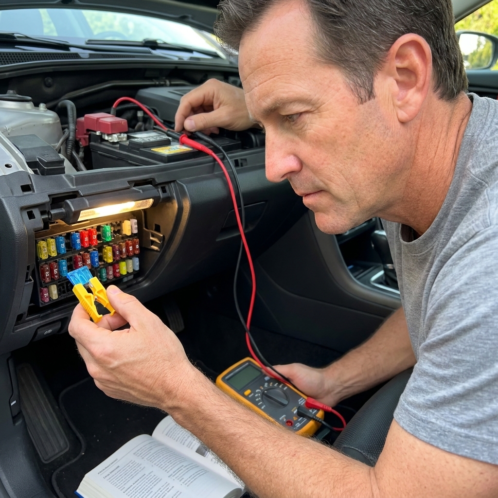 A close-up photo of a person using a fuse puller to remove a blade fuse from a car interior fuse panel while a multimeter is connected to the battery