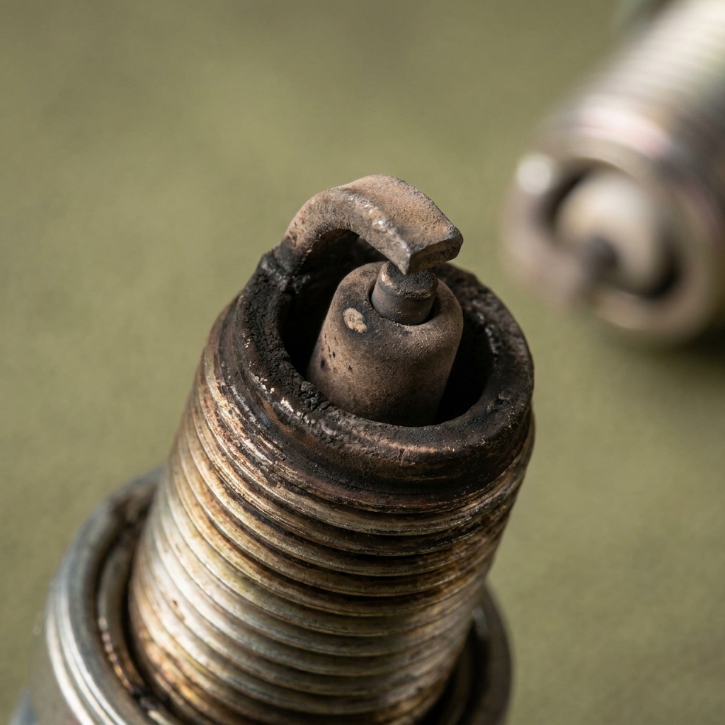 A close-up photo of a used spark plug showing dark deposits on the electrode and worn edges on the center electrode