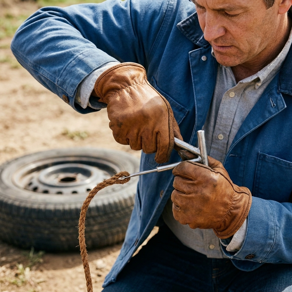 A close-up photo of hands wearing gloves holding a T-handle tire plug insertion tool with a brown rope plug threaded through the eye