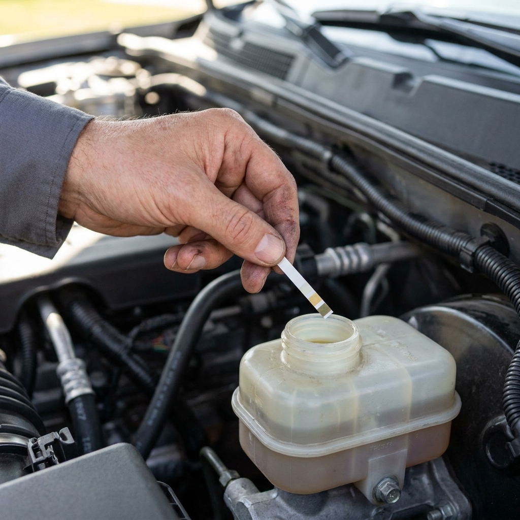 A close-up photograph of a hand holding a brake fluid moisture test strip above an open brake fluid reservoir in an engine bay