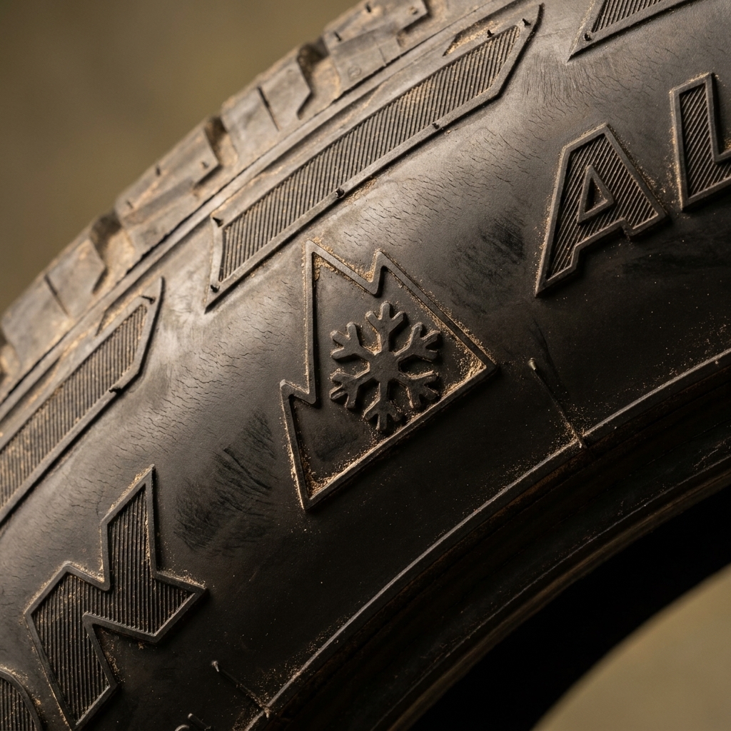 A close-up photograph of a tire sidewall showing the Three-Peak Mountain Snowflake symbol molded into the rubber