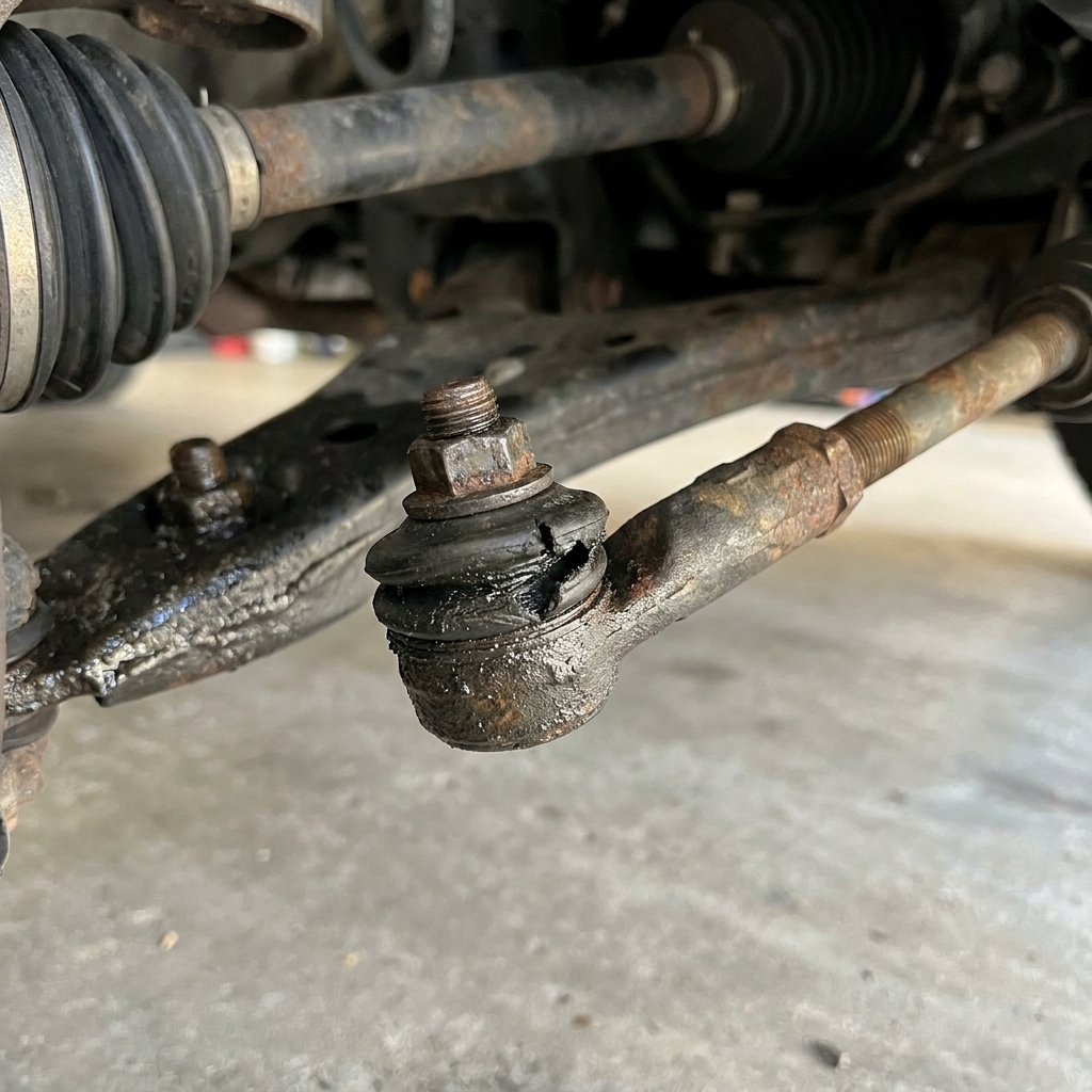 A close-up photograph of a worn outer tie rod end on a car with a torn rubber boot and visible grease