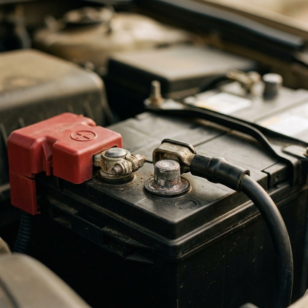 A close view of a car battery showing the positive terminal with a red cover and the negative terminal with a black cable clamp