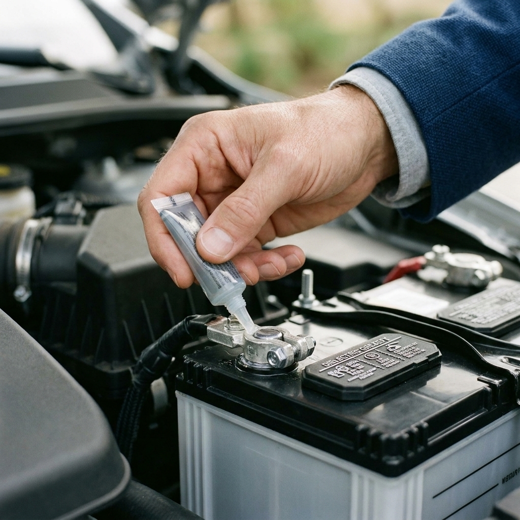 A close view of a car battery terminal after cleaning, with a small amount of dielectric grease being applied around the base of the battery post