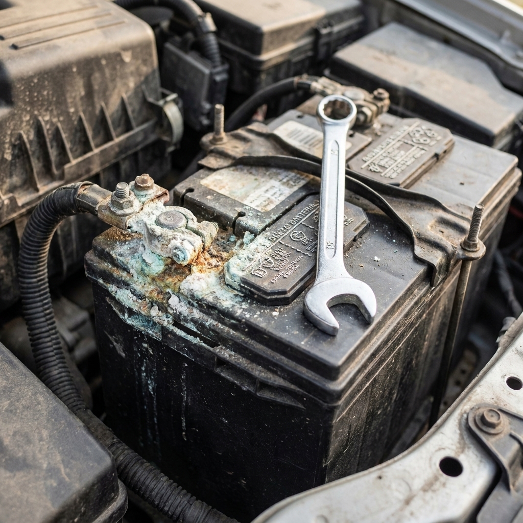 A close view of a car battery with visible corrosion on the positive terminal and a wrench nearby