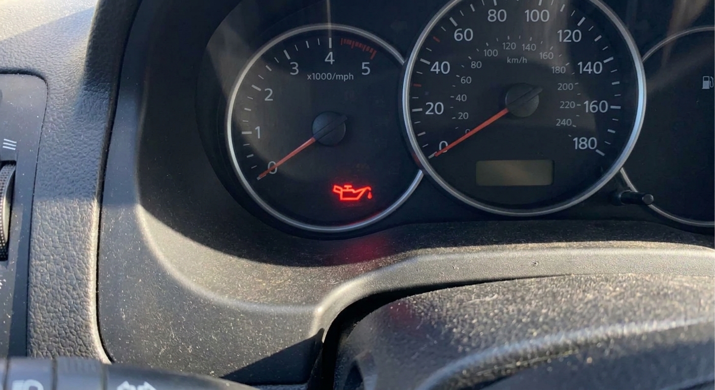 A close view of a car instrument cluster showing the red oil pressure warning light illuminated
