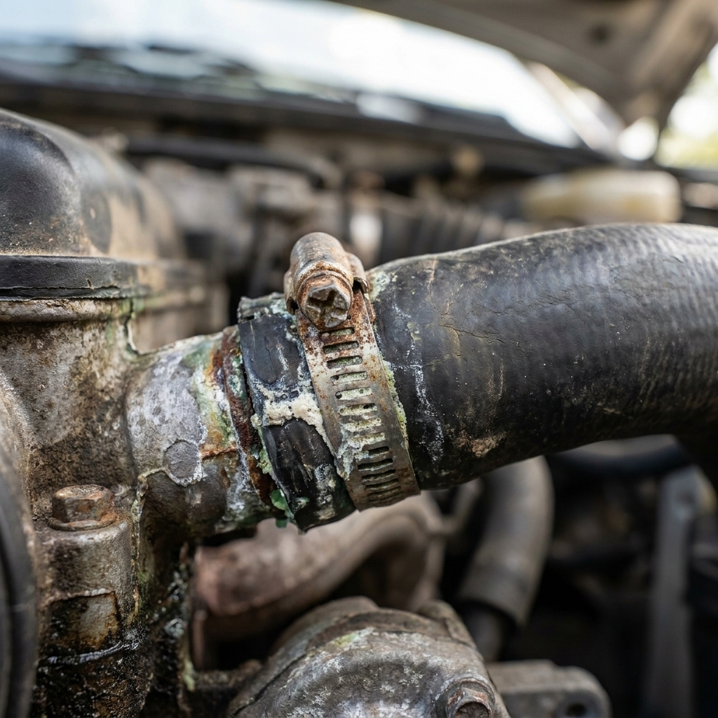 A close view of a coolant hose connection showing a metal clamp on a rubber hose with visible dried coolant residue around the fitting