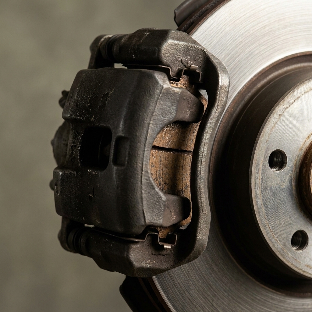 A close view of a disc brake caliper with the brake pad friction material visible between the caliper bracket and rotor