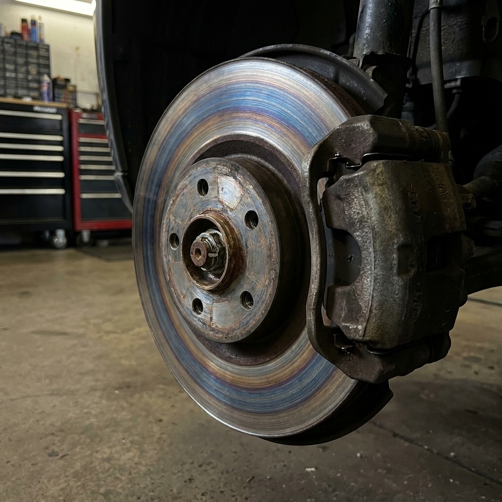 A close view of a front brake rotor with visible heat discoloration and a caliper mounted behind it, photographed in a garage