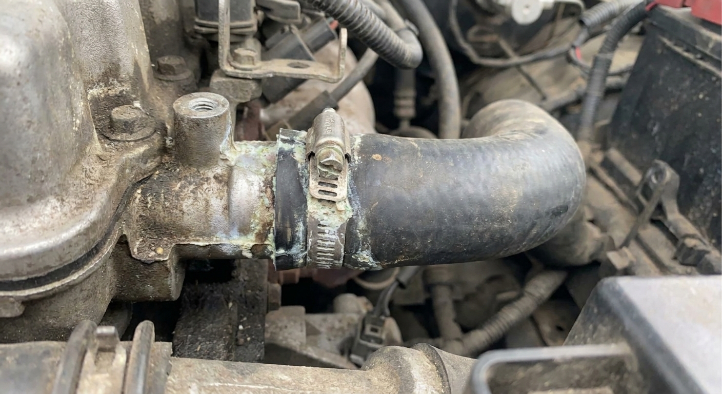 A close view of a radiator hose connection in an engine bay with visible dried coolant residue around the clamp