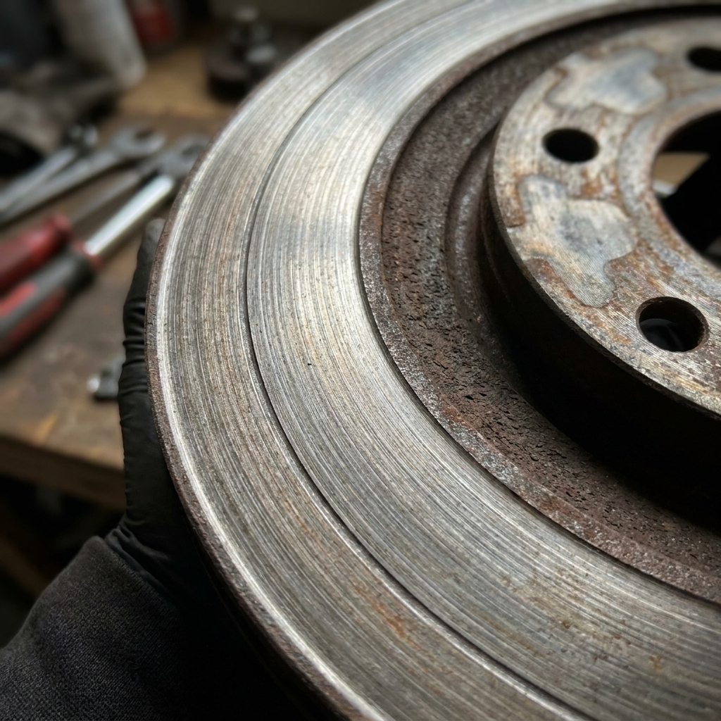 A close view of a used brake rotor showing circular wear marks and a shallow groove near the outer edge