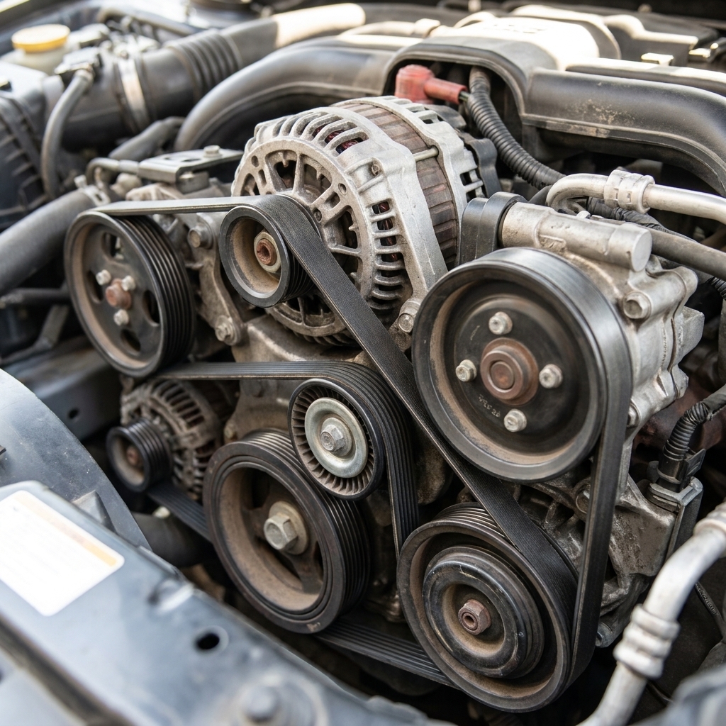 A close view of an engine bay showing the serpentine belt wrapped around multiple pulleys with the belt path clearly visible