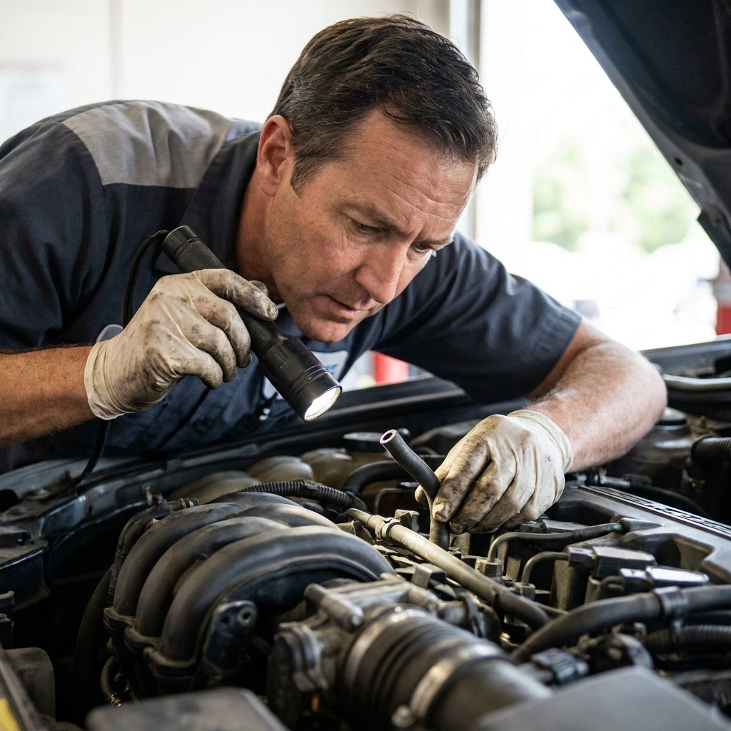 A close view of an engine bay where a person inspects a small vacuum hose near the intake manifold for cracks and loose connections