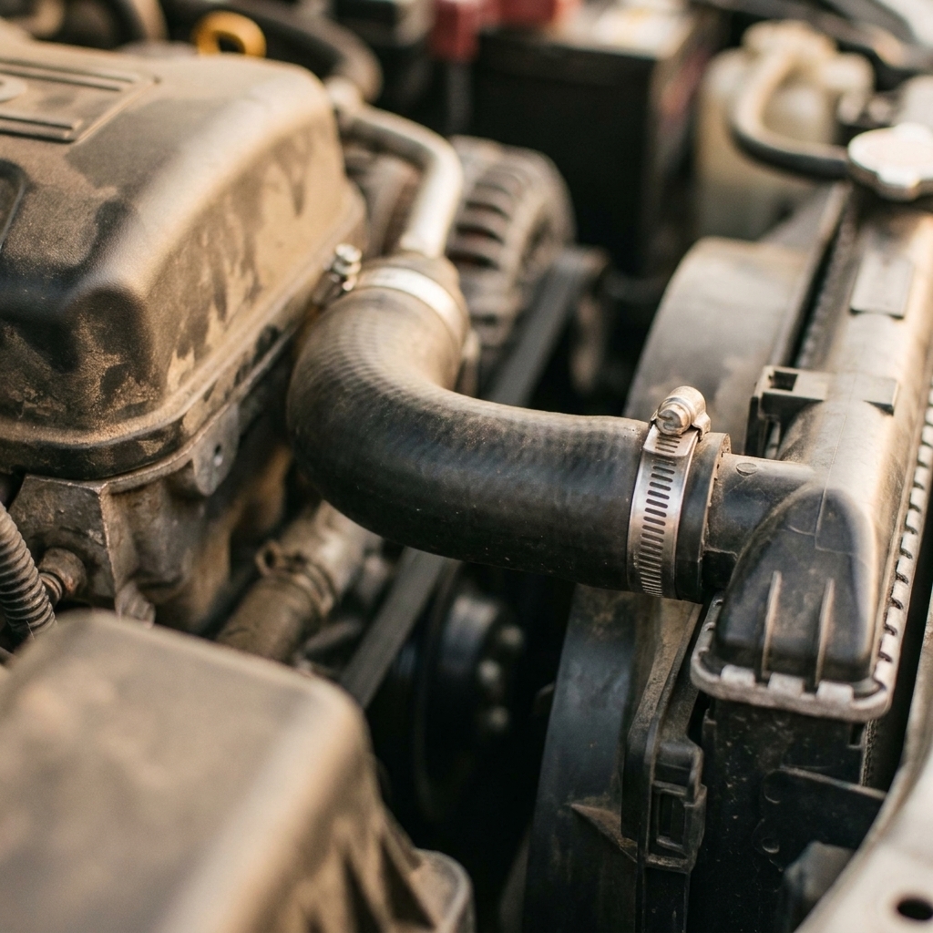 A close view of an upper radiator hose connected between the radiator and engine, with the hose clamp visible at the connection