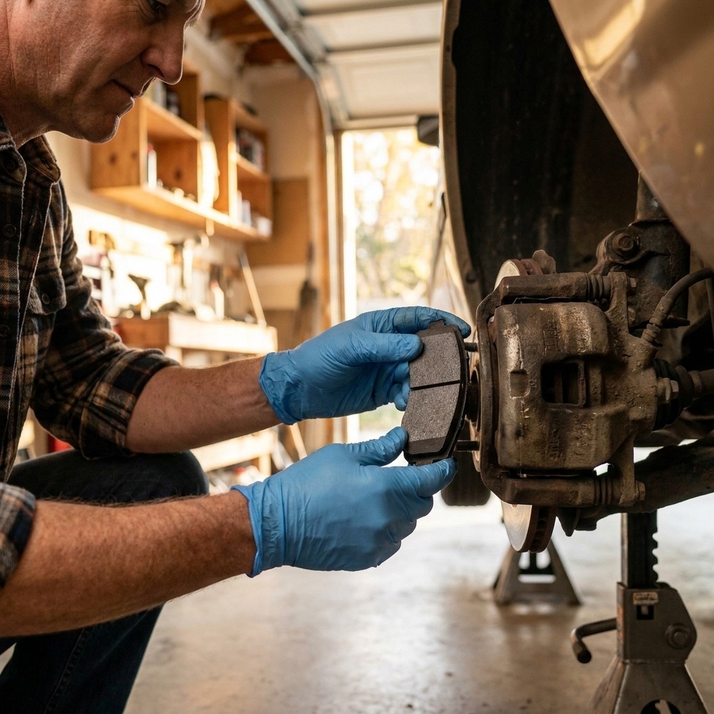 A close view of hands wearing nitrile gloves holding a new brake pad next to a brake caliper on a car lifted on jack stands in a garage