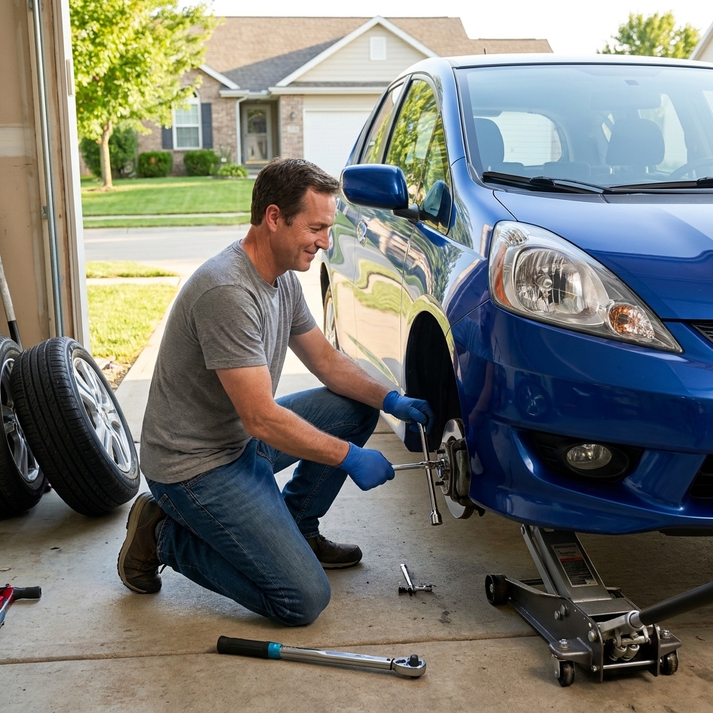 A compact car raised on a floor jack in a driveway with one wheel removed, showing a tire rotation in progress