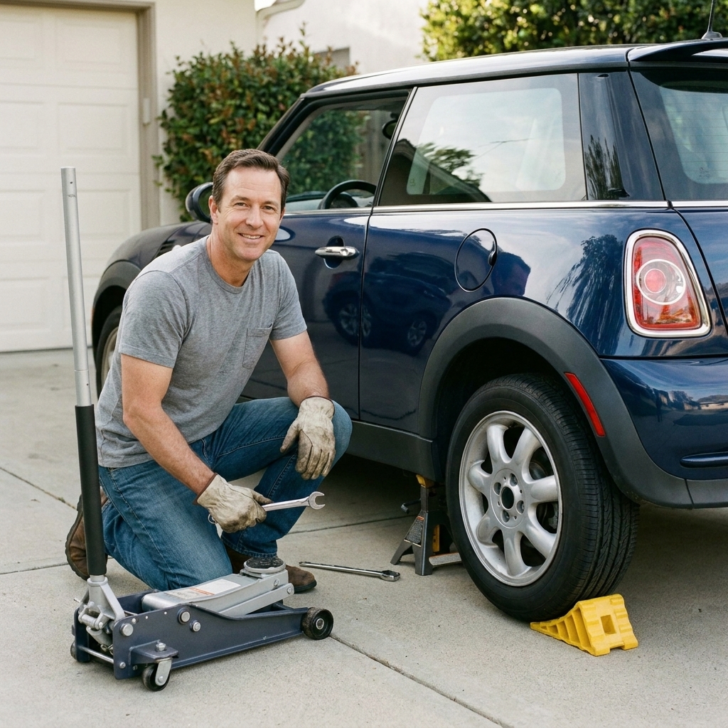 A compact car safely supported on jack stands in a driveway with a floor jack nearby and a wheel chock behind the rear tire