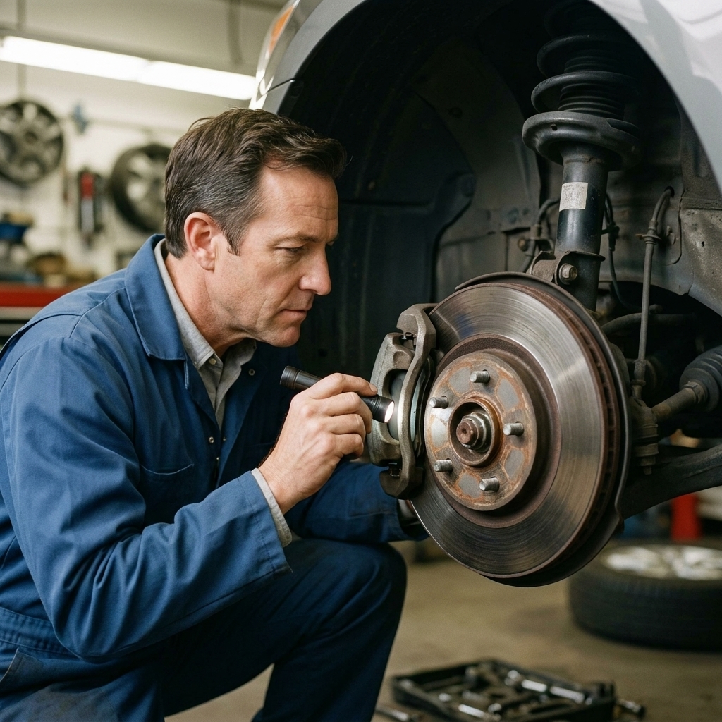 A disc brake assembly with the wheel removed, showing the brake caliper, rotor surface, and pad area for inspection