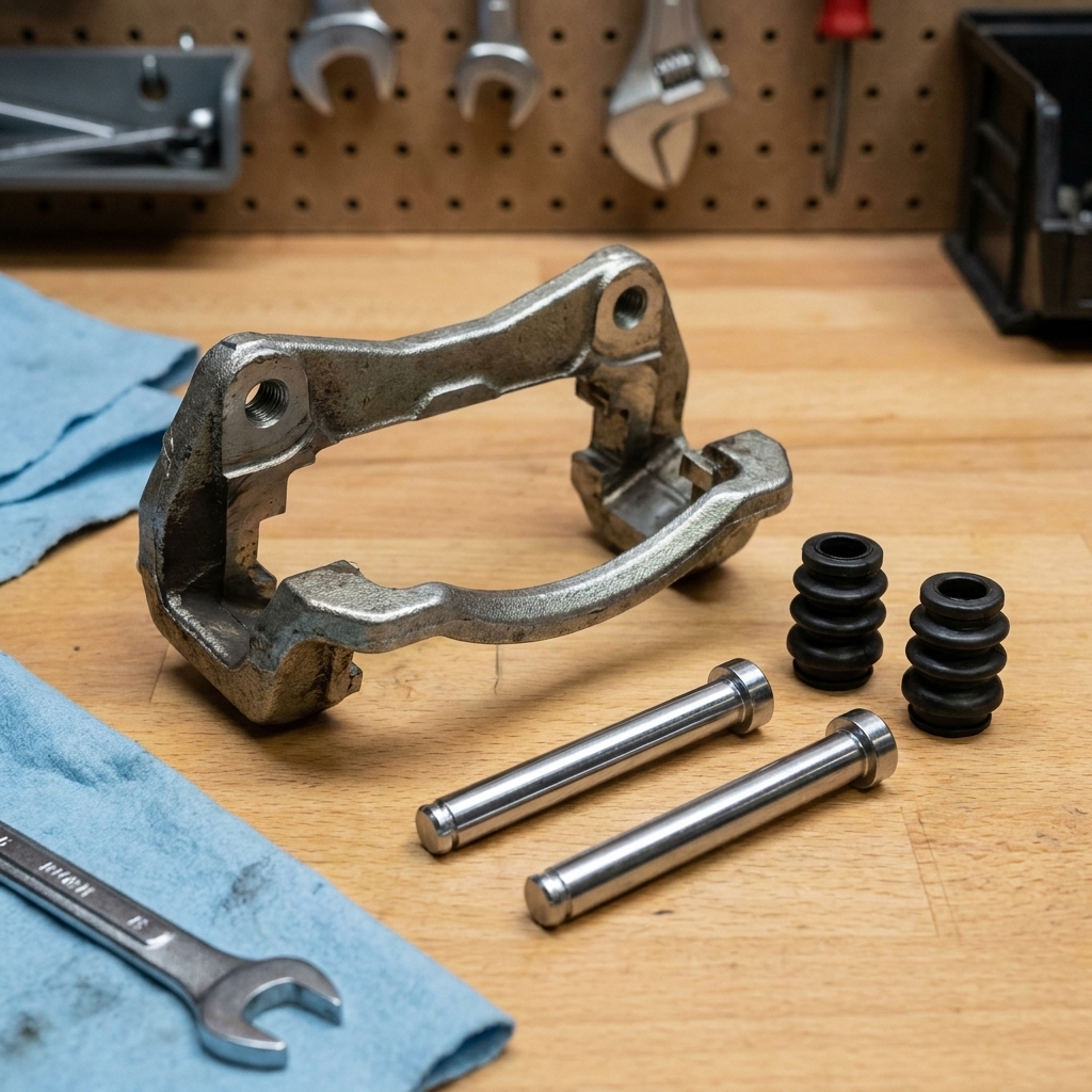 A disc brake caliper bracket with two slide pins removed, showing clean metal pins and intact rubber boots laid out on a workbench