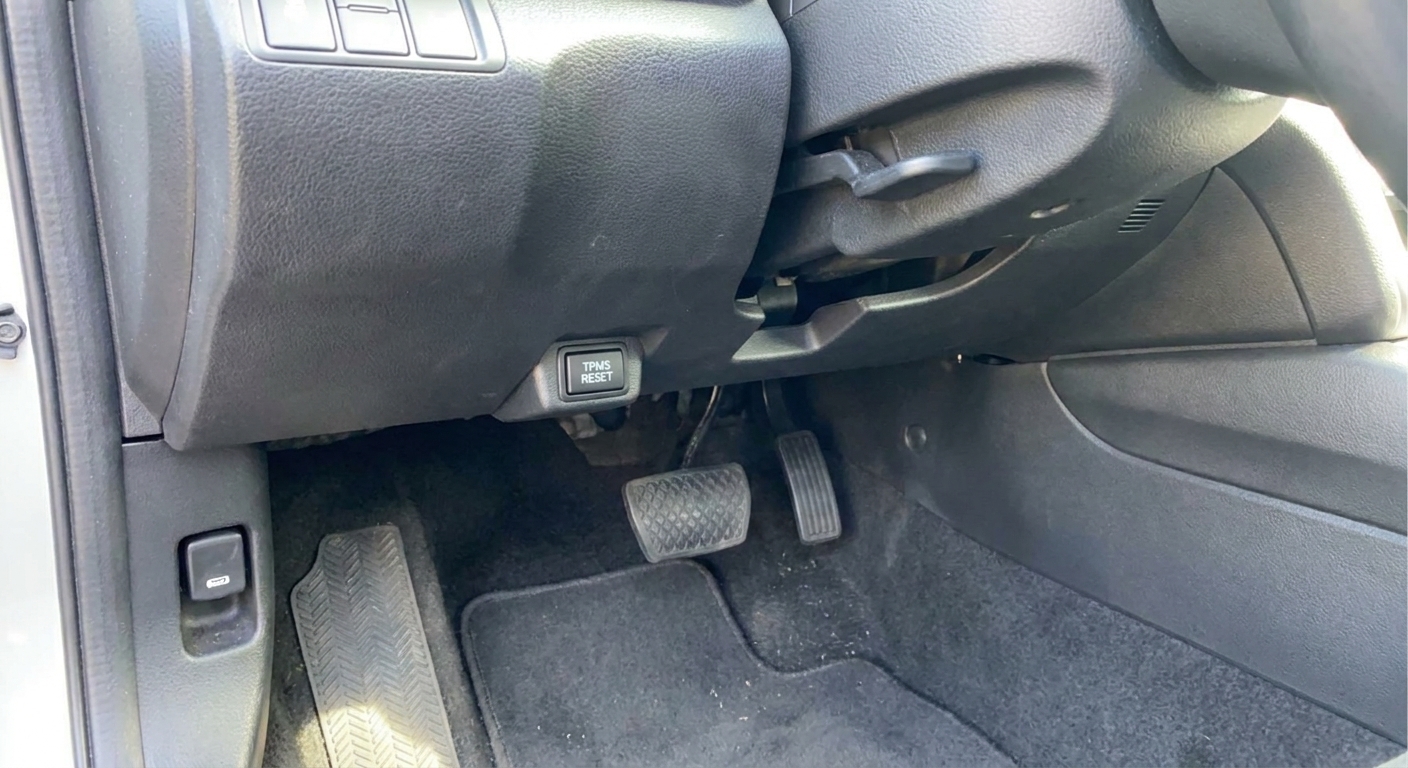 A driver's footwell area showing a TPMS reset button beneath the dashboard near the steering column