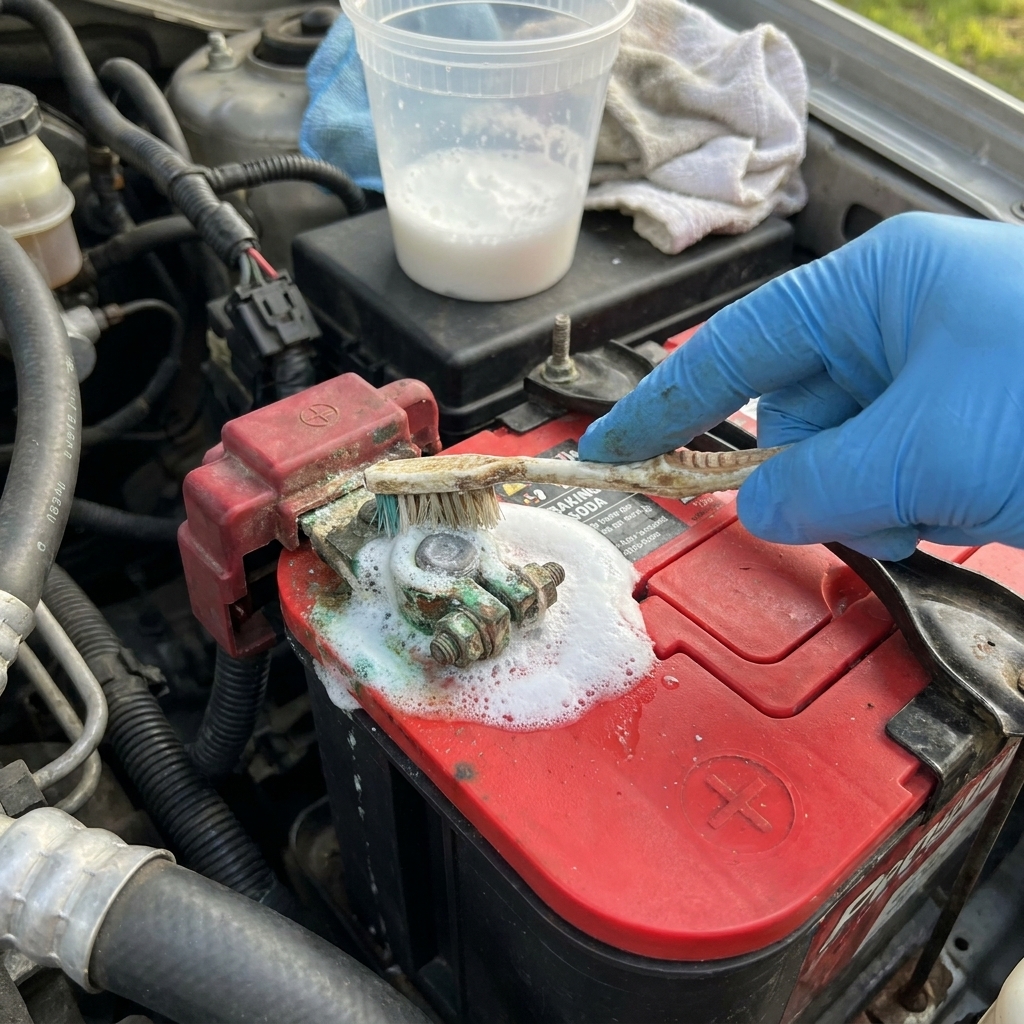 A gloved hand scrubbing a corroded car battery terminal with an old toothbrush while baking soda solution foams lightly