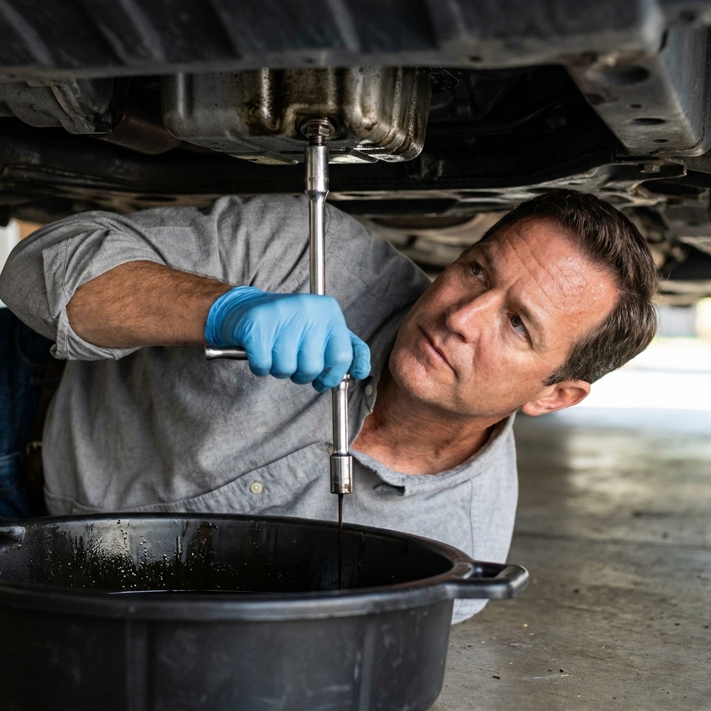 A gloved hand using a socket wrench to loosen an engine oil drain plug with an oil drain pan positioned underneath