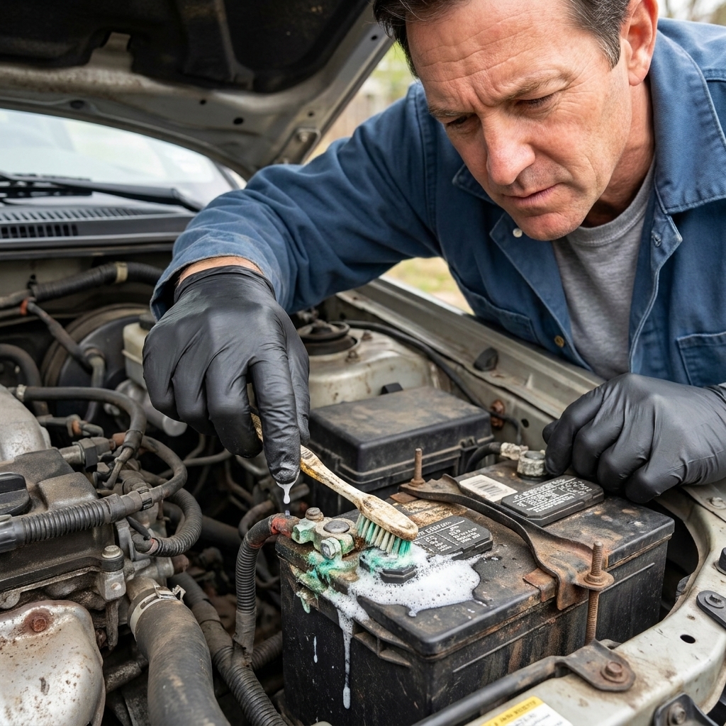 A gloved hand using an old toothbrush dipped in baking soda solution to scrub corrosion from a car battery terminal clamp in an engine bay