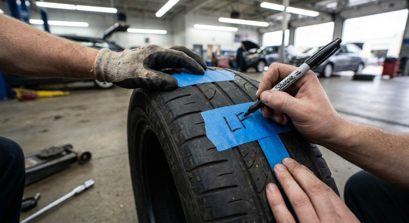 A hand applying blue painter’s tape to a tire tread and writing 'LF' with a marker in a garage
