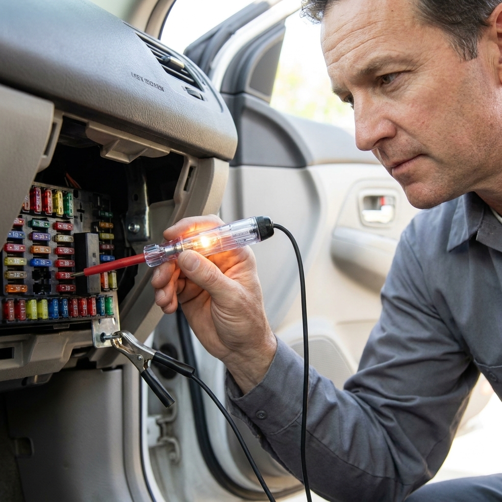 A hand holding a 12-volt test light next to a vehicle fuse box filled with colored blade fuses under the dashboard