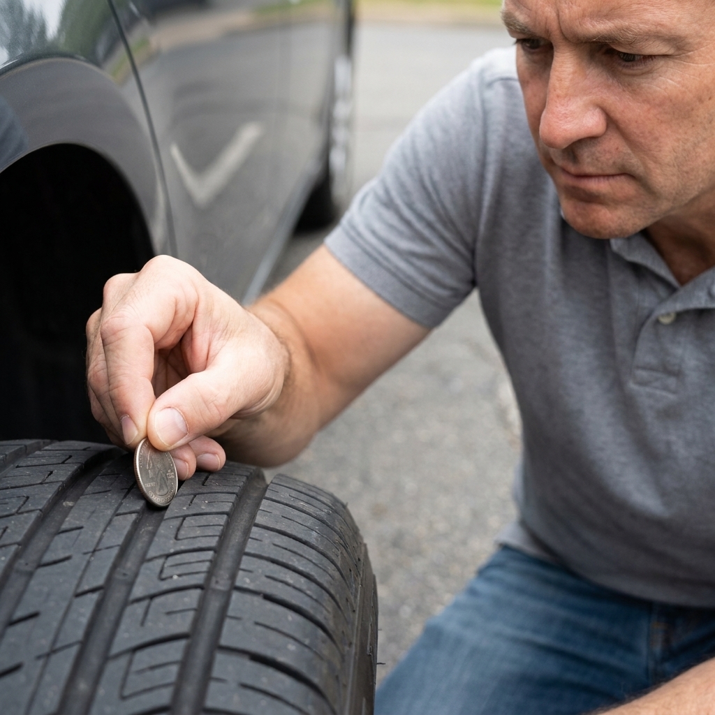 A hand holding a quarter inserted into a tire tread groove to estimate tread depth on a parked car