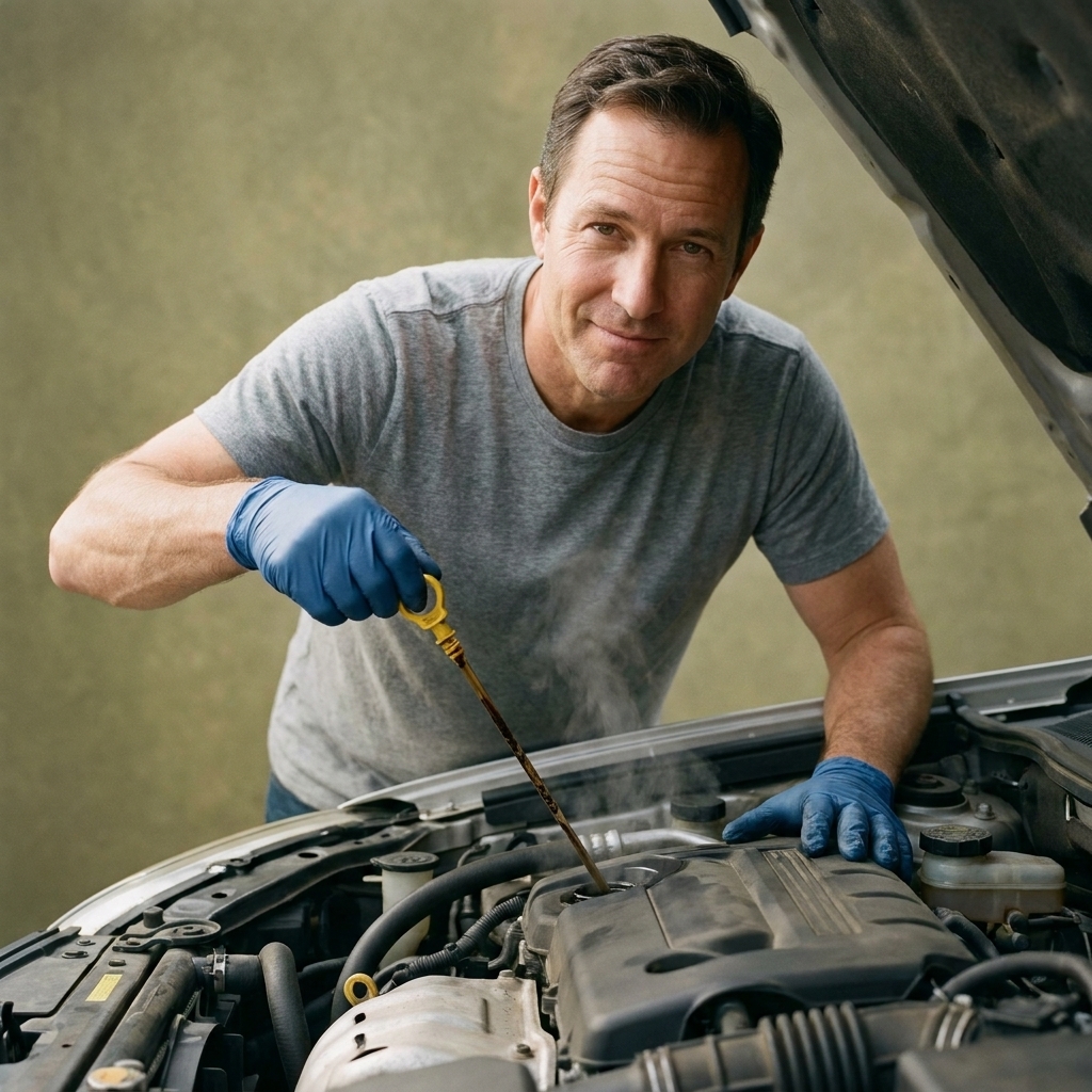 A hand pulling an engine oil dipstick from a warm engine bay with the hood open