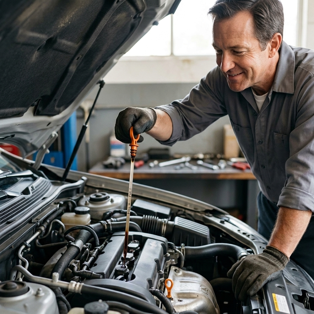 A hand pulling an engine oil dipstick from an engine bay while checking the oil level