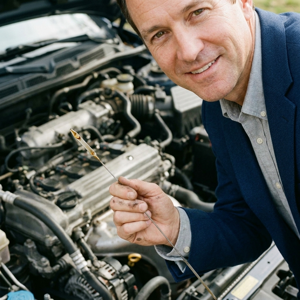 A hand pulling an engine oil dipstick over the engine bay with fresh oil visible on the tip