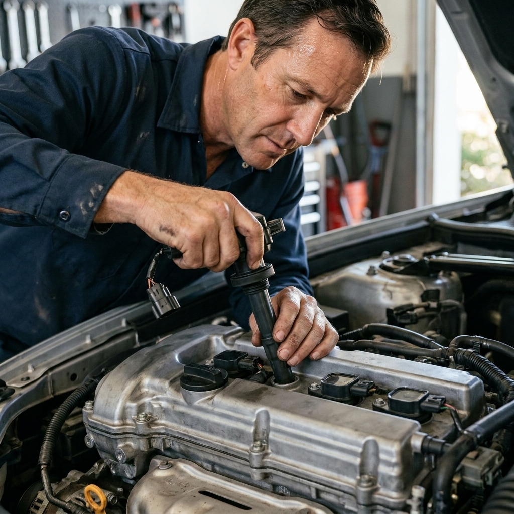 A hand removing a coil-on-plug ignition coil from the top of a modern four-cylinder engine with the electrical connector visible