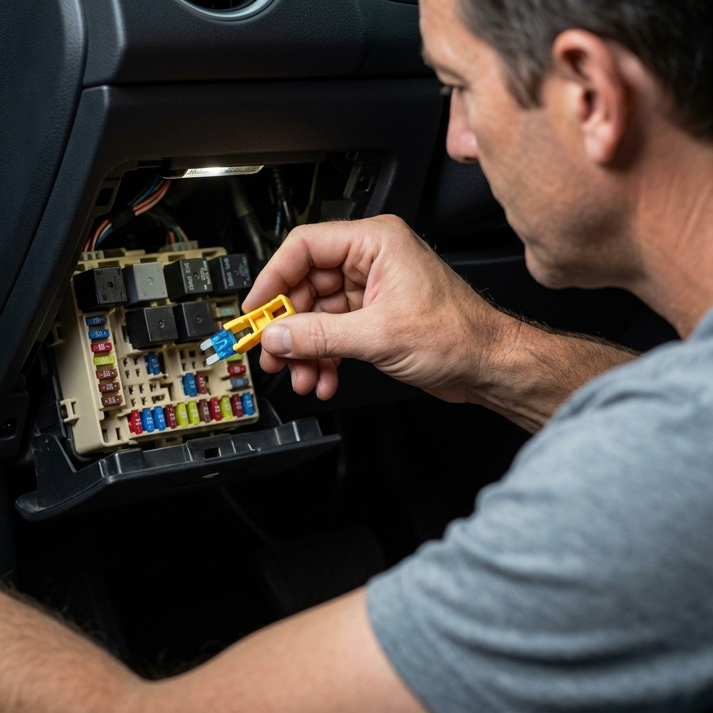 A hand using a small plastic fuse puller tool to remove a blade fuse from an interior fuse box