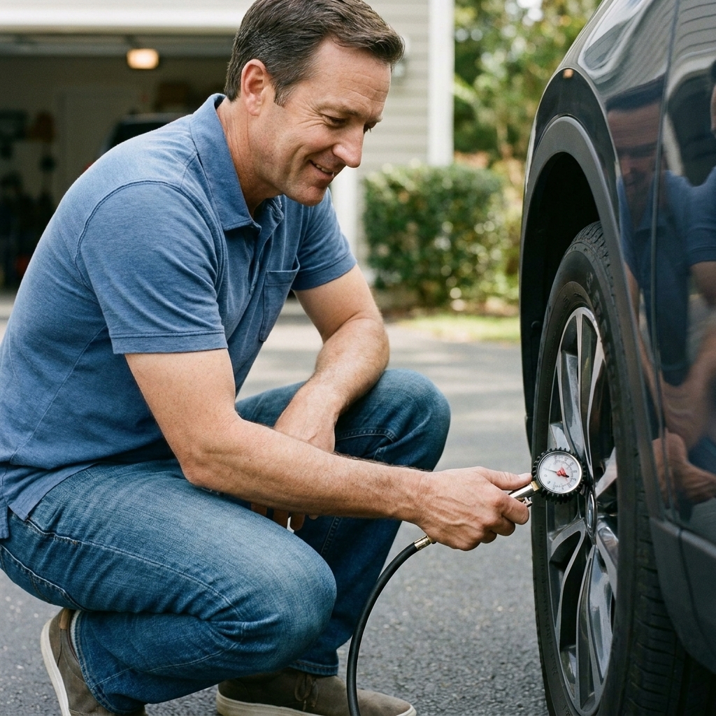 A hand using a tire pressure gauge on a car tire valve stem in a driveway
