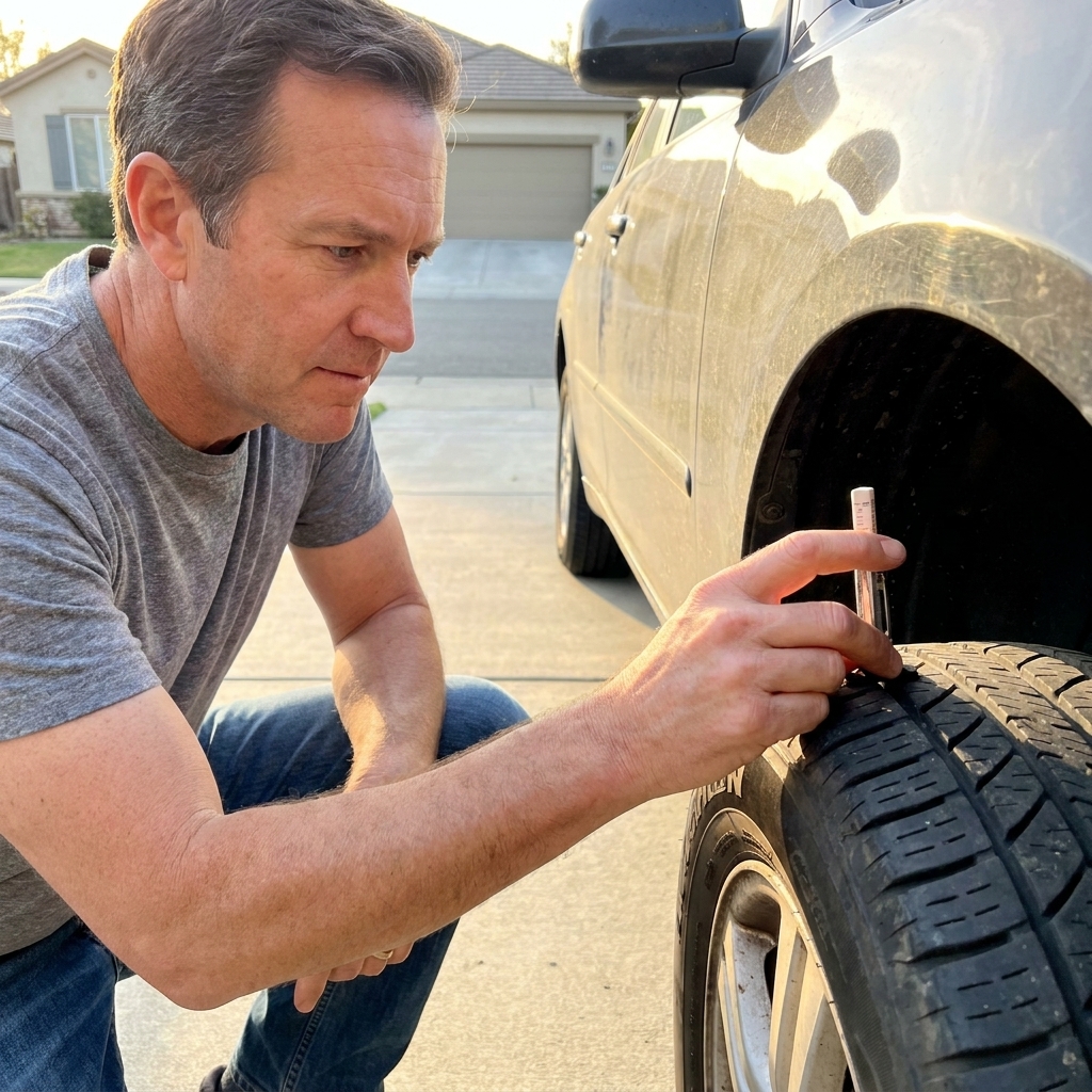A hand using a tread depth gauge on a car tire tread block in a driveway
