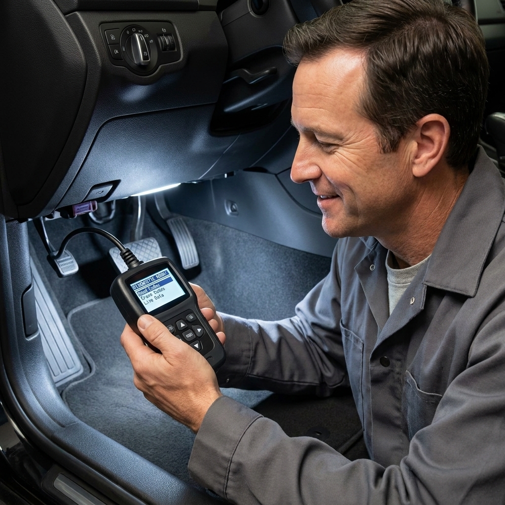 A handheld OBD2 code reader with a small screen showing a diagnostic menu, plugged into a car under the dashboard