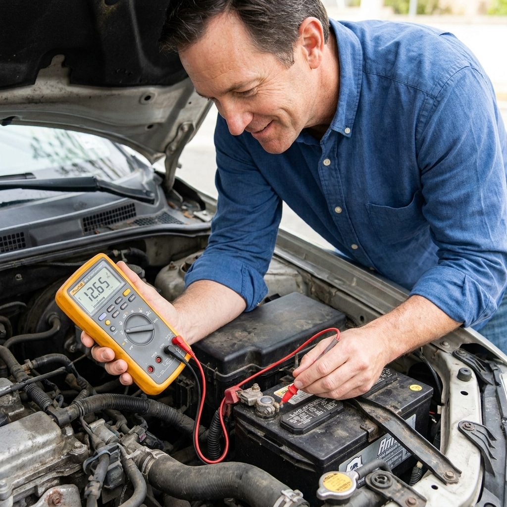 A handheld digital multimeter showing a voltage reading while its probes touch a car battery posts in an engine bay