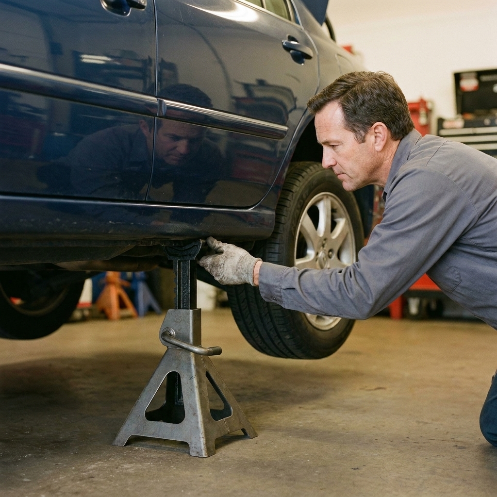 A jack stand positioned under a car's pinch weld jacking point with the vehicle slightly raised, showing the stand saddle contacting the metal