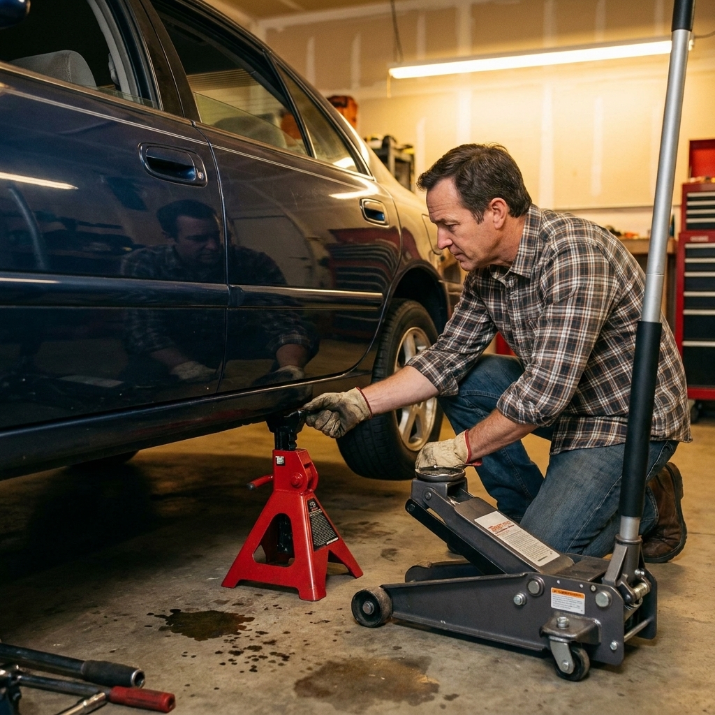 A jack stand supporting a car at a reinforced pinch weld jacking point, with the hydraulic floor jack slightly lowered so the vehicle rests securely on the stand